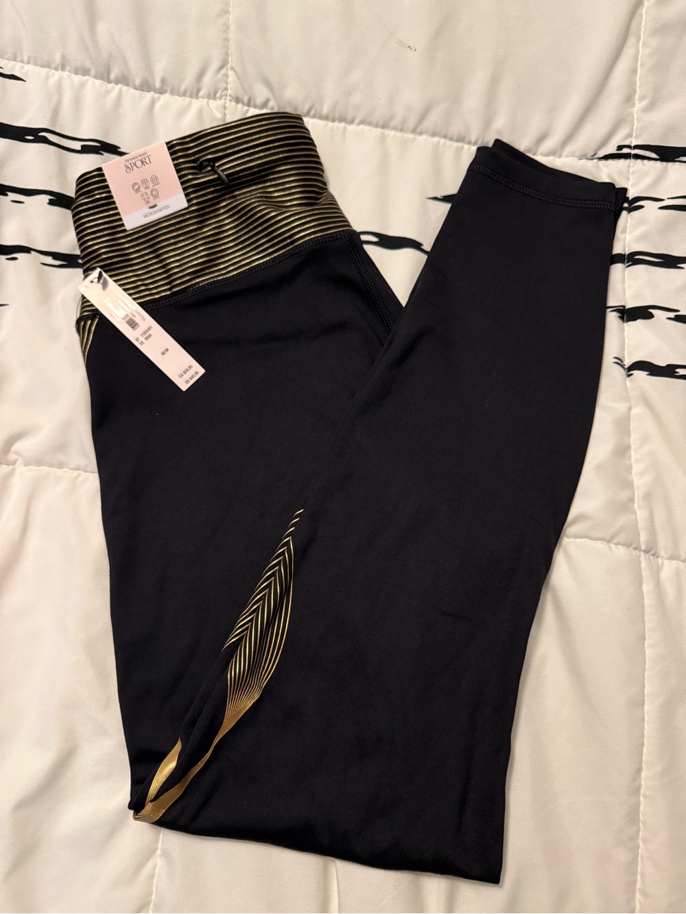 Victoria's Secret Sport Black Leggings with Gold Stripe Waistband